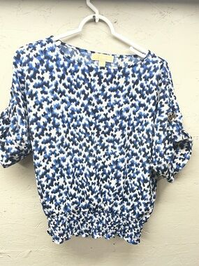 Michael Kors Blue & White Printed Short Sleeve Blouse